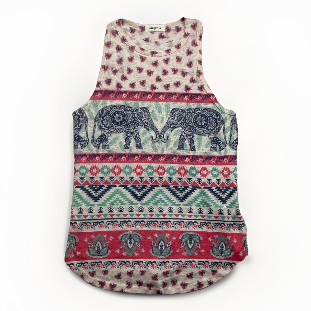 Ginger G Top Wom Sz M Blue Multicolor Elephant Boho Mandala Aztec AOP USA Made